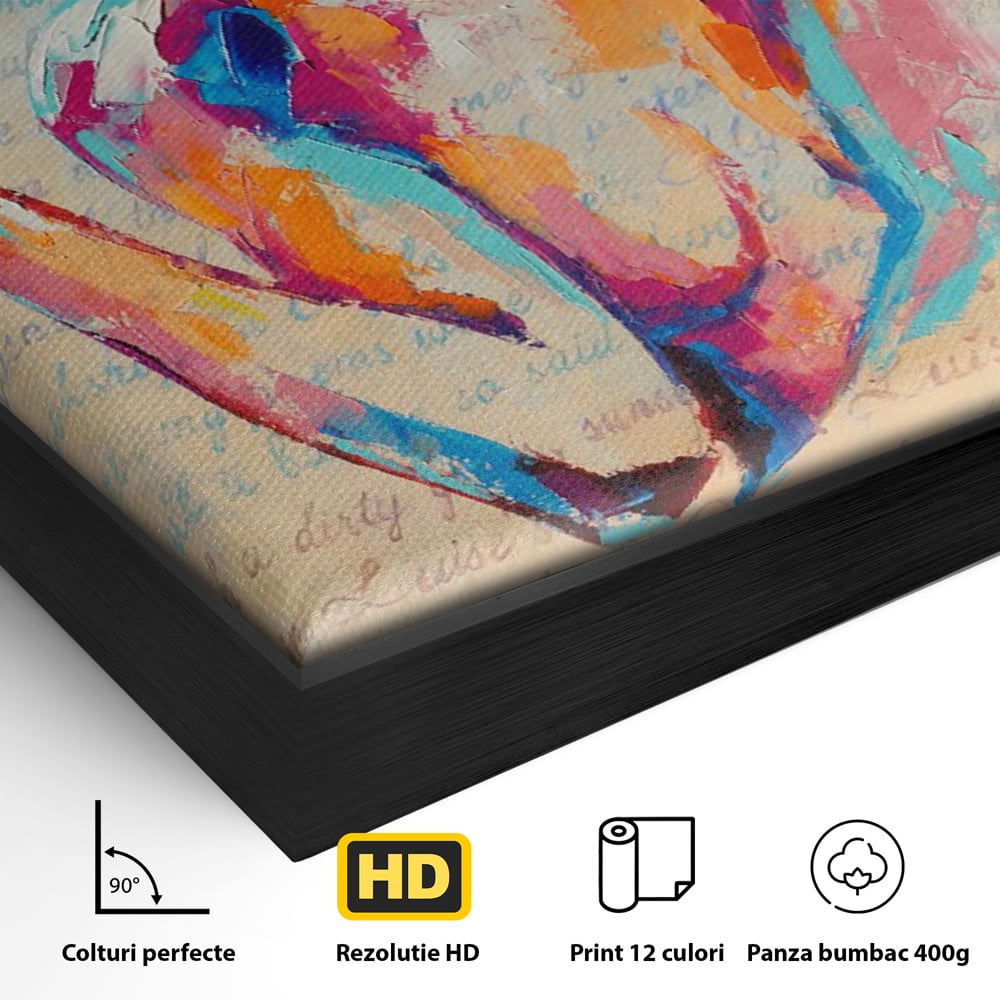 Detaliu al suprafetei: tablou canvas cu portret abstract de femeie, in rama de aluminiu negru